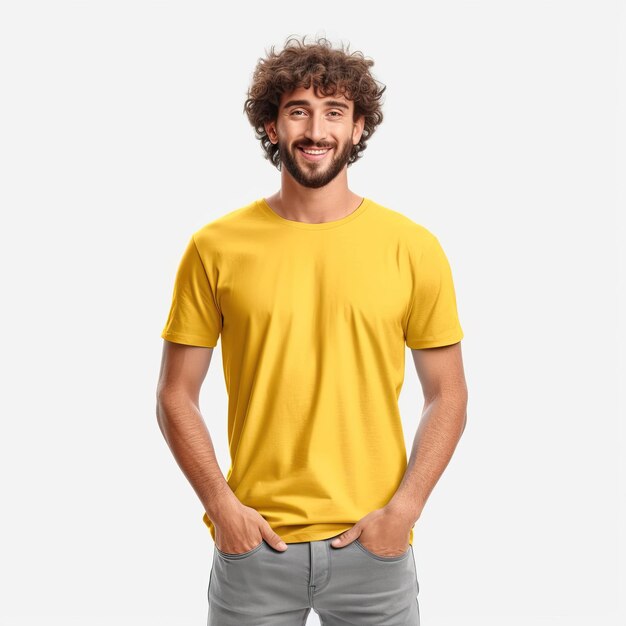 Modelo de camiseta colorida Homem com camiseta vermelha verde amarela Design com fundo branco