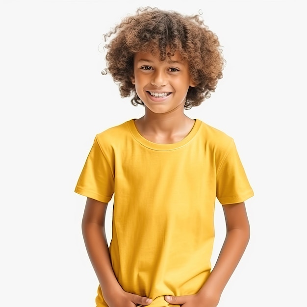 Modelo de camiseta infantil com desenho de camisete amarelo verde vermelho laranja cinza com fundo branco