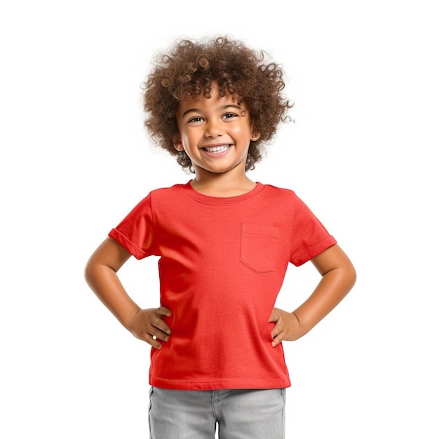 Modelo de camiseta infantil com desenho de camisete amarelo verde vermelho laranja cinza com fundo branco