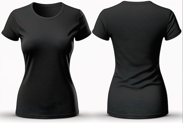 Foto modelo de camiseta preta vazia feminina modelo invisível corpo vazio camisa de gola redonda vista frontal e traseira