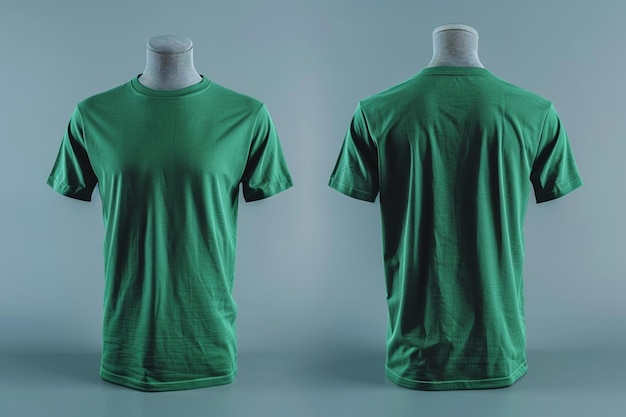 Modelo de camiseta verde em manequim com vista frontal e traseira