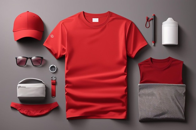 Modelo de camiseta vermelha em branco com elementos decorativos AI Gerado