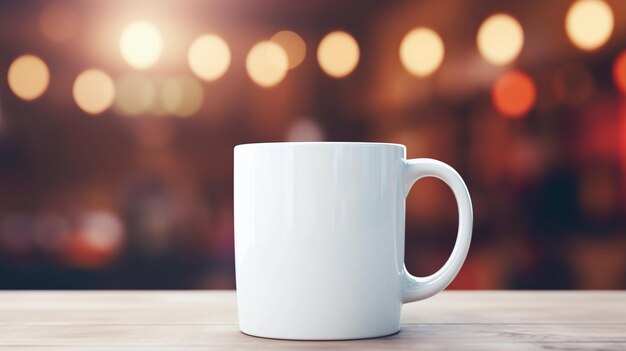 Modelo de caneca branca contra o fundo de luzes desfocadas