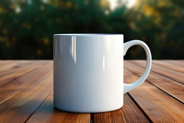 Foto modelo de caneca branca em mesa de madeira em fundo de paisagem natural