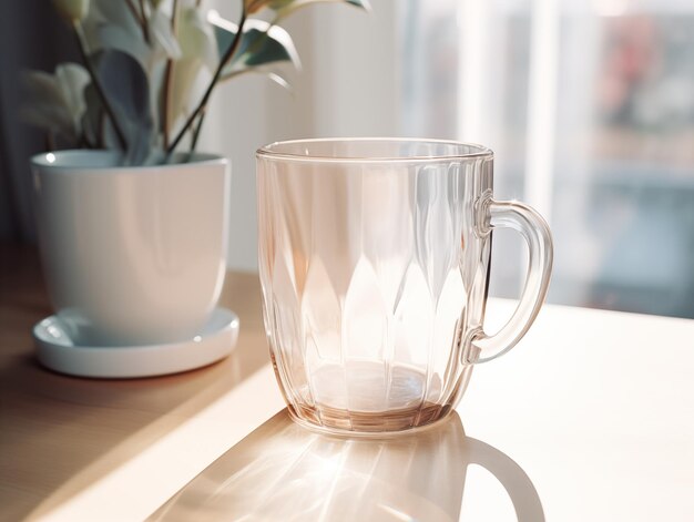 Modelo de caneca de café transparente na mesa