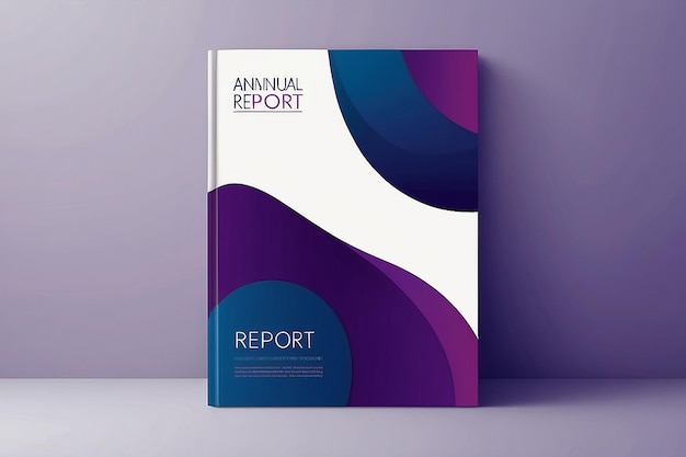 Modelo de capa de livro de tamanho A4 para revista de relatório anual em forma de curva abstrata em fundo azul roxo e branco