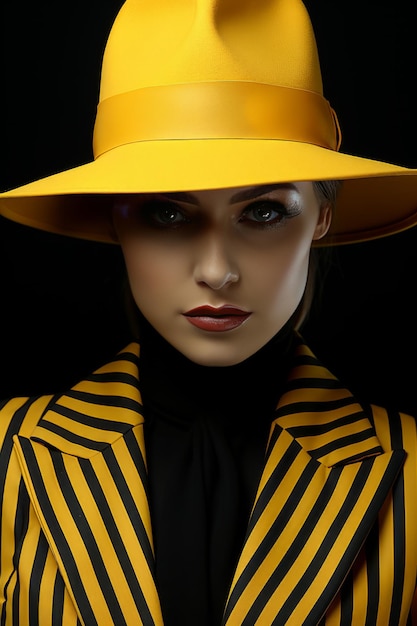 modelo de capa de moda com roupa listrada amarela e preta com chapéu de moda em fundo preto