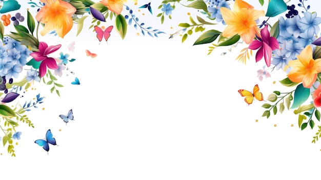Modelo de cartão com moldura de borda floral folhas de flores multicoloridas para cartão de casamento de banner