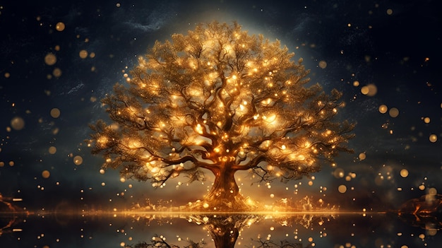 Modelo de cartão de árvore de ano novo mágico incomum com árvore brilhante Árvore de conto de fadas decorada com luzes brilhantes em fundo escuro Momentos mágicos ilustração de livro infantil Árvore do conhecimento Generative AI