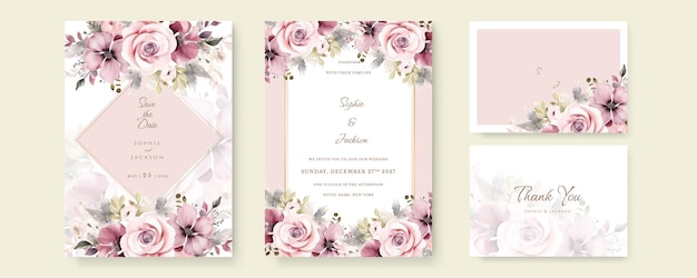 Modelo de cartão de convite de casamento de outono premium Cartão de aquarela com arte de linha dourada Flor desenhada à mão