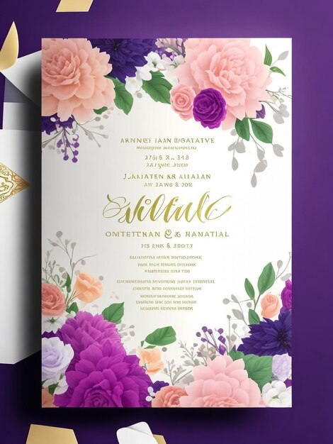 modelo de cartão de convite de casamento elegante de flores e folhas