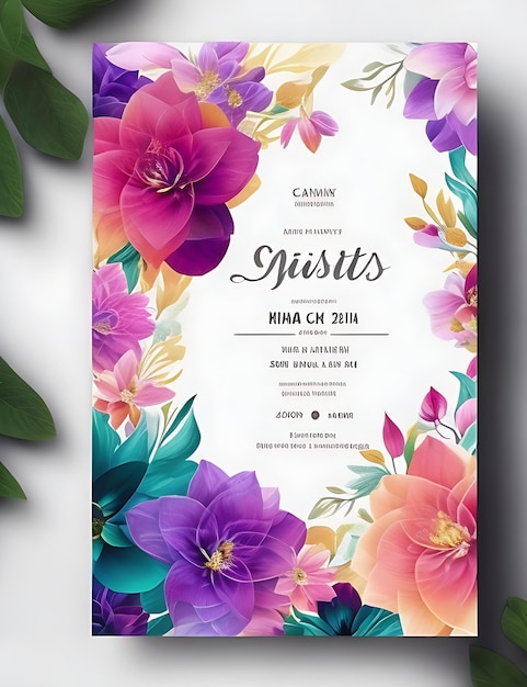 Foto modelo de cartão de convite de casamento floral colorido design inteligente com tamanho a4 e qualidade hd 8k