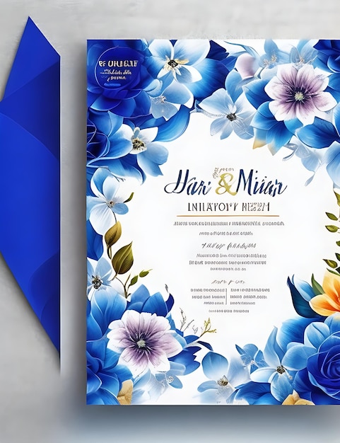 Foto modelo de cartão de convite de casamento floral colorido em design inteligente azul com tamanho a4