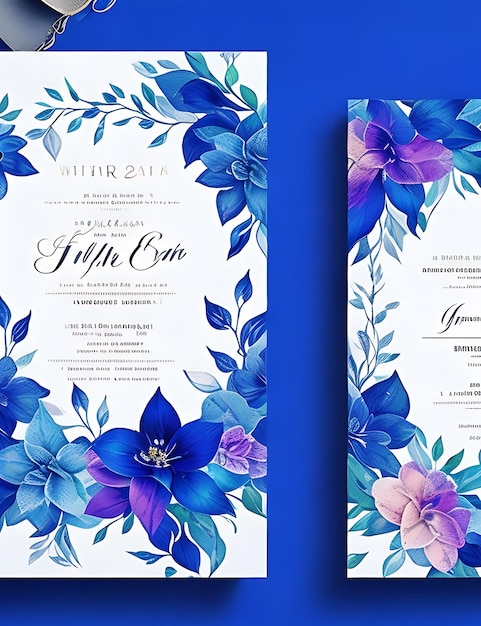 Foto modelo de cartão de convite de casamento floral colorido em design inteligente azul com tamanho a4