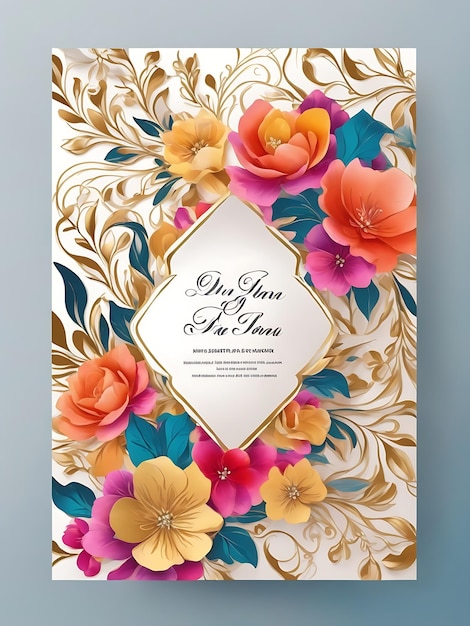 Modelo de cartão de convite de casamento floral colorido em design inteligente dourado com tamanho A4