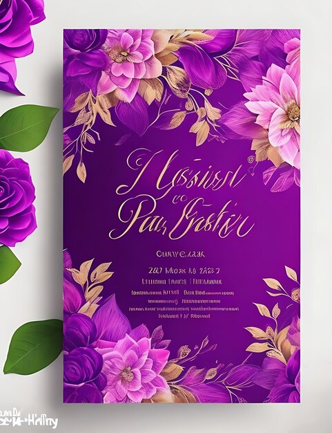 Modelo de cartão de convite de casamento floral colorido em design inteligente magenta com tamanho A4