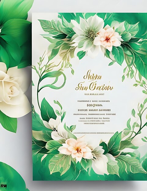 Foto modelo de cartão de convite de casamento floral colorido em design inteligente verde com tamanho a4