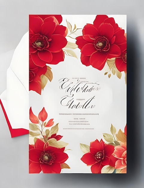 Foto modelo de cartão de convite de casamento floral colorido em design inteligente vermelho com tamanho a4