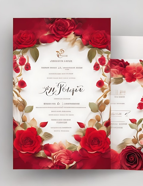 Modelo de cartão de convite de casamento floral colorido em design inteligente vermelho com tamanho A4