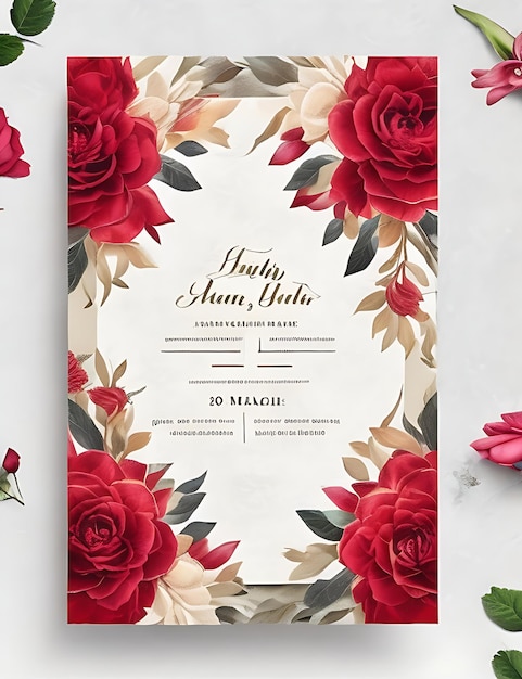 Modelo de cartão de convite de casamento floral colorido em design inteligente vermelho com tamanho A4