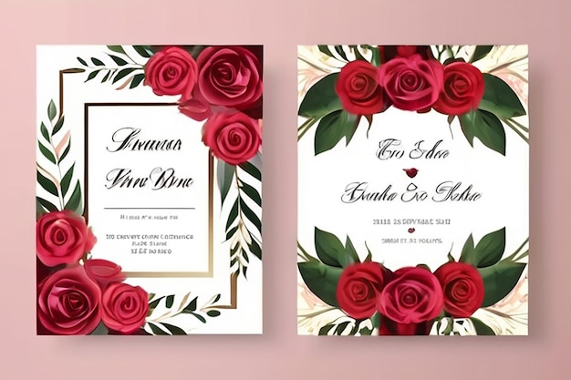 Modelo de cartão de convite de casamento floral com decoração de rosas e folhas