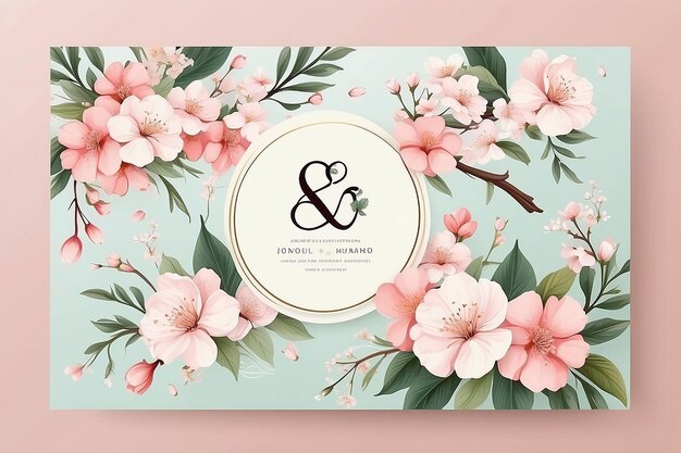 Foto modelo de cartão de convite de casamento floral design somei yoshino flores de sakura com folhas com letras ampersand em branco