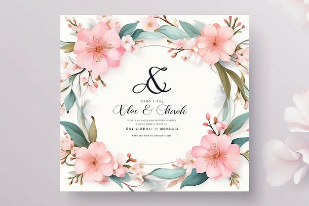 Modelo de cartão de convite de casamento floral design Somei Yoshino flores de sakura com folhas com letras ampersand em branco