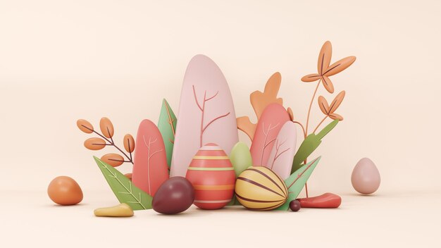 Modelo de cartão de saudação de Feliz Páscoa com coelho e ovos 3D renderização de fundo festivo.