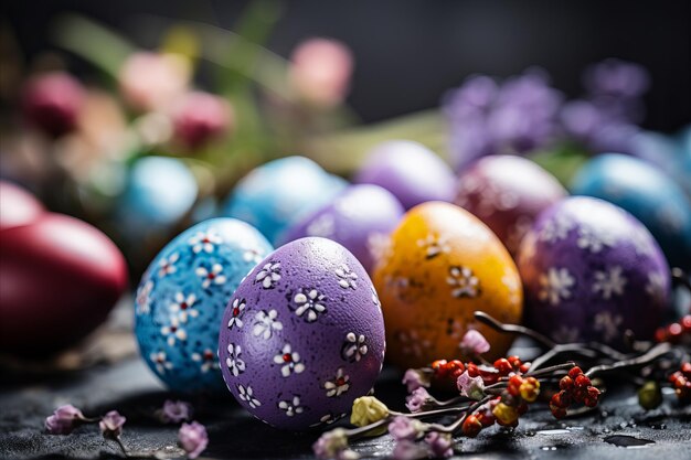 Modelo de cartão de saudação de Páscoa imprimível Ovos coloridos pintados e ornamento floral