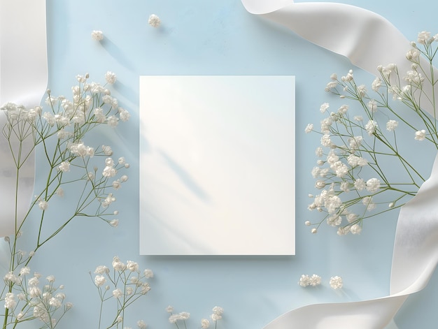 Modelo de cartão de saudação elegante com flores brancas e fitas em fundo azul