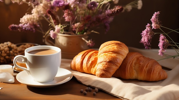 Modelo de cartão no café da manhã cena de natureza morta com espaço de cópiaCopa de café croissant IA geradora