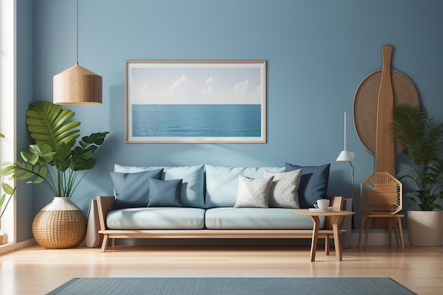 Modelo de cartaz com moldura de madeira no interior da casa em fundo de parede azul renderização 3D