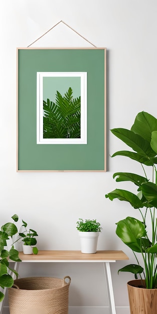 Modelo de cartaz com uma planta verde e quadros de madeira em branco
