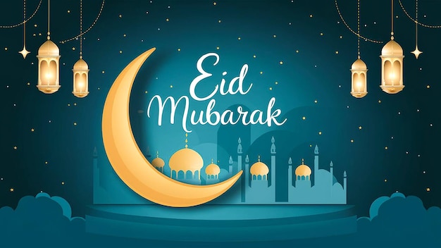Modelo de cartaz de Eid al fitr com um fundo de lanterna à noite Gerado por AI