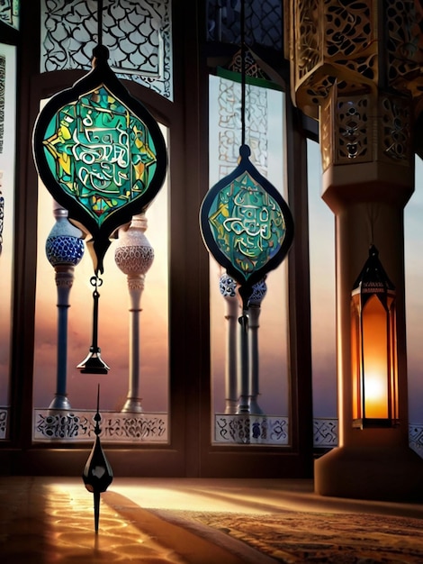 Modelo de cartaz de Eidalfit com lanterna, mesquita, janela e fundo