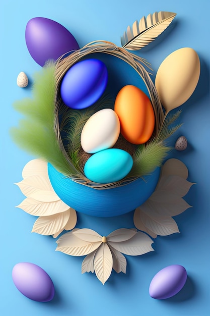 Modelo de cartaz e bandeira de Páscoa Páscoa ovos penas em um ninho em um fundo de madeira azul Gree