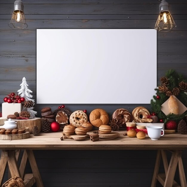 Foto modelo de cartaz em branco em uma atmosfera de inverno de árvore de natal de um restaurante