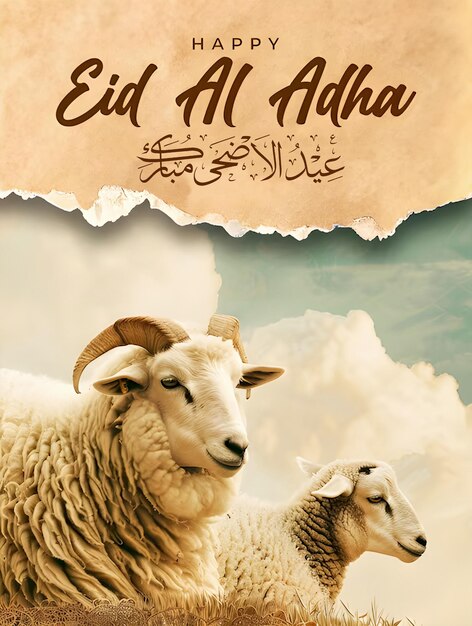 Foto modelo de cartaz feliz eid aladha com cabra ovelha fundo islâmico com nuvens