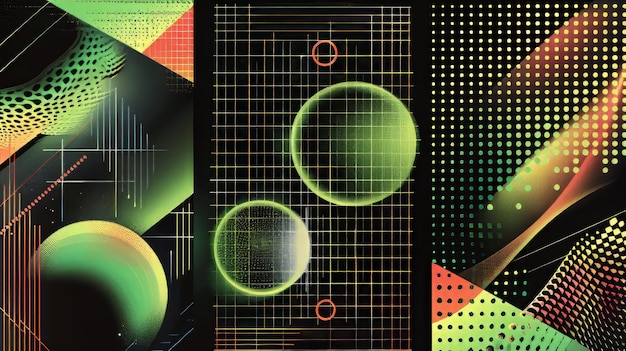 Modelo de cartaz Y2K com formas e padrões geométricos simples em fundo verde neon ácido e preto Um conjunto de banners modernos com elementos de estrutura de arame