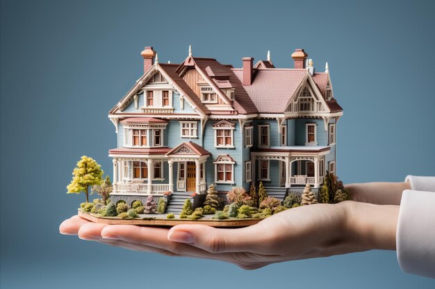 Modelo de casa 3D em mãos humanas isolado em fundo branco conceito de seguro e empréstimo bancário