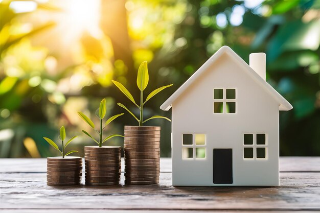 Modelo de casa e moedas de dinheiro poupança para o conceito de investimento em casa