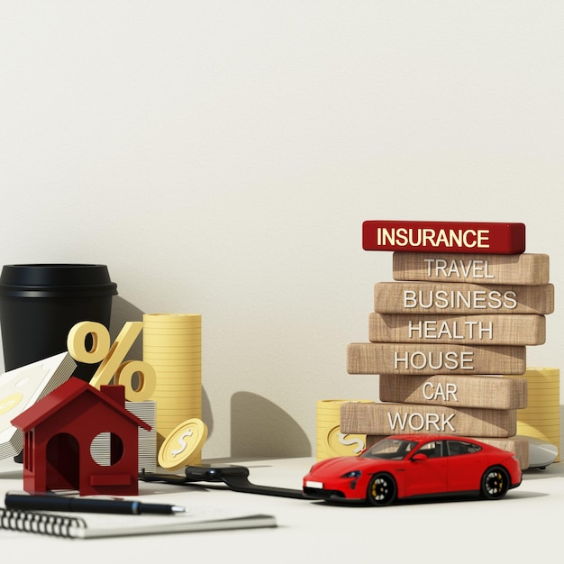 Modelo de casa e um carro com dinheiro e tela no conceito de seguro imobiliário e planejamento financeiro futuro da família Em um fundo branco estilo de desenho animado renderização 3D