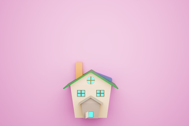 Modelo de casa em fundo rosa, renderização de ilustrações 3d