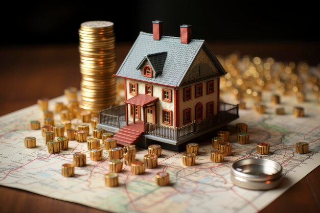 Foto modelo de casa em miniatura com gráficos de crescimento econômico