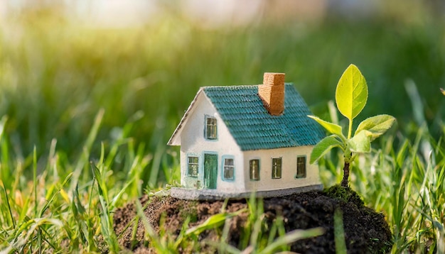 Modelo de casa em miniatura em grama verde Propriedade imobiliária e conceito de casa