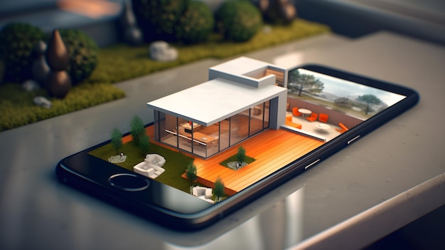 Modelo de casa moderna em tecnologia de dispositivo de smartphone 3d