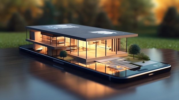 Modelo de casa moderna em tecnologia de dispositivo de smartphone 3d