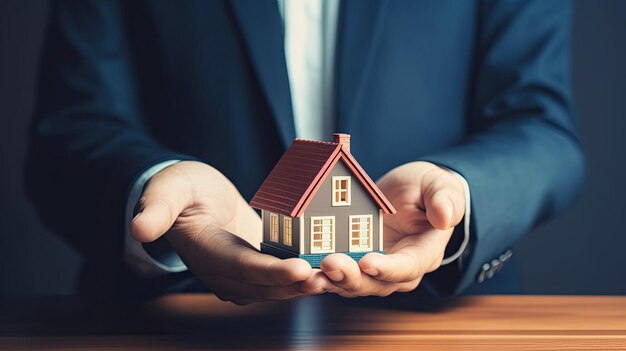 Modelo de casa na mão do corretor de seguros residenciais ou na pessoa do vendedor