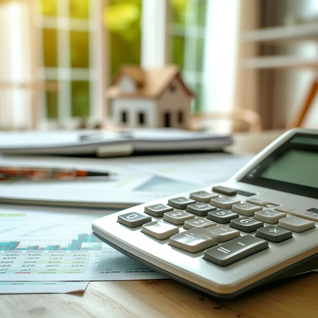 modelo de casa na mesa com calculadora e portátil conceito imobiliário