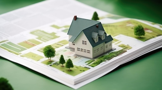 Modelo de casa pequena 3d em um local de mapa de livro